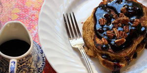 Sweet Potato Pancakes with Elderberry Ginger Pecan Syrup